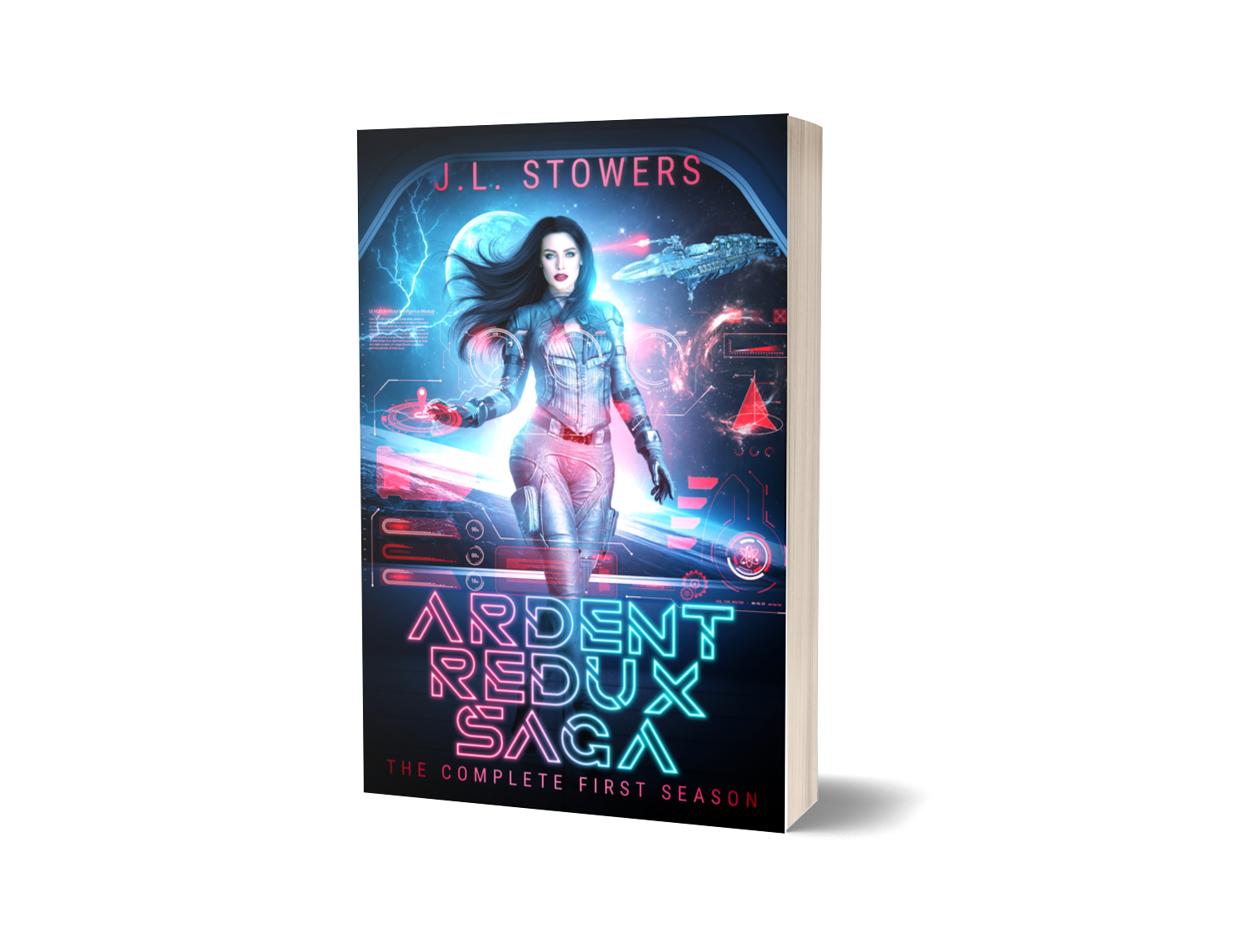 A 3D-image of the book cover of the Ardent Redux Saga Complete First Season Omnibus, a five-episode space opera adventure written by science fiction author J. L. Stowers. The cover features Captain Dani Devereaux in a white flight suit as she interacts with a holographic display on the bridge of her ship, Osirion. Behind her is a space battle between the Rebel, Pirate, and Galactic Conglomerate factions.