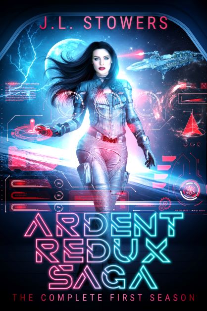 An image of the book cover of the Ardent Redux Saga Complete First Season Omnibus, a five-episode space opera adventure written by science fiction author J. L. Stowers. The cover features Captain Dani Devereaux in a white flight suit as she interacts with a holographic display on the bridge of her ship, Osirion. Behind her is a space battle between the Rebel, Pirate, and Galactic Conglomerate factions. 