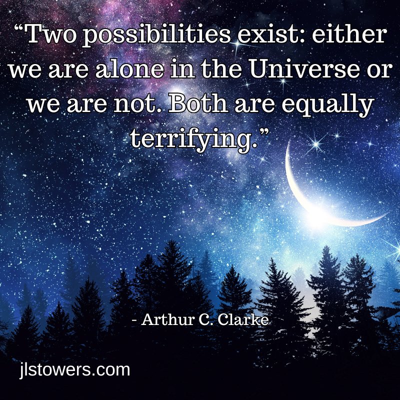 An image of a starry sky and a crescent moon featuring a quote from science fiction author Arthur C. Clarke.