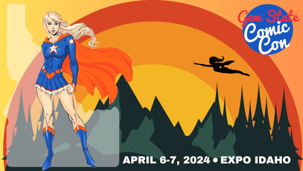 A poster for the Gem State Comic Con event April 6 - 7 2024 at Expo Idaho in Boise, Idaho.