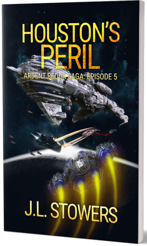 A 3D image of the book cover of Houston’s Peril, a space opera serial by sci-fi author J. L. Stowers, and episode five in the Ardent Redux Saga. The cover features the starship Osirion flown by Captain Dani Devereaux and her crew as they fly to the rescue of the massive research starship, the Houston in this climactic end to season one of the ARS.