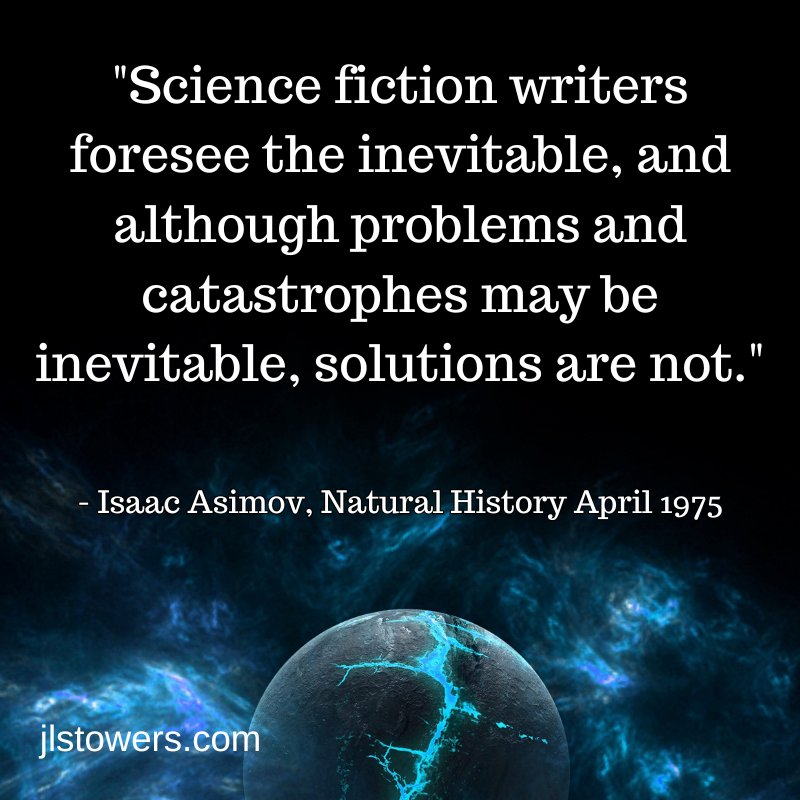 An image of a quote from science fiction author Isaac Asimov on a dark blue background with geometric shapes.