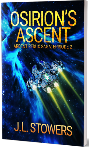 A 3D image of the book cover of Osirion’s Ascent, a space opera serial by sci-fi author J. L. Stowers, and episode two in the Ardent Redux Saga. The cover features Osirion, Captain Dani Devereaux’s new ship as it flies straight into an unstable wormhole in this exciting space adventure.