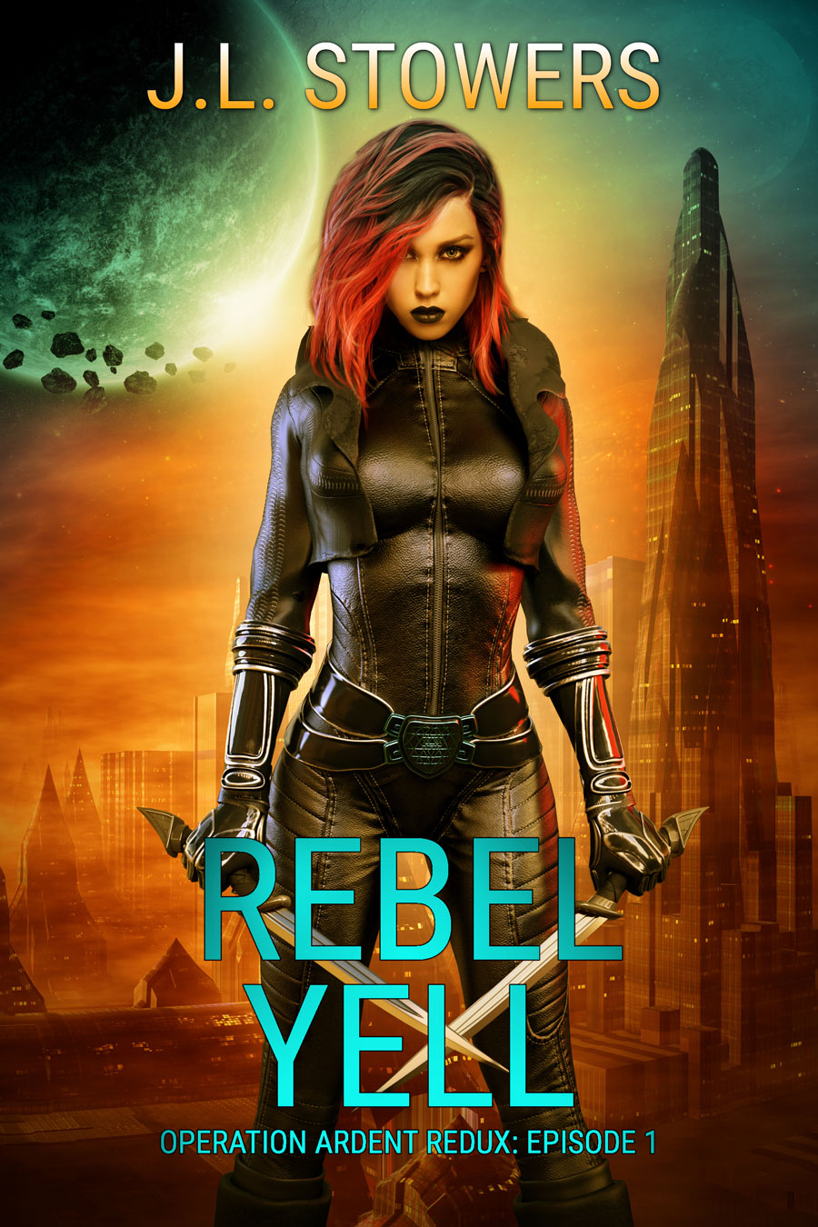 An image of the book cover of Rebel Yell, the first episode in the three-part miniseries Operation Ardent Redux, a spin-off to the Ardent Redux Saga by space adventure author J. L. Stowers. The Cover features Roni on an alien planet with a red sky. She’s dressed in a leather spacesuit and holds twin swords, poised to take on the evil galactic empire in this exciting space opera. 