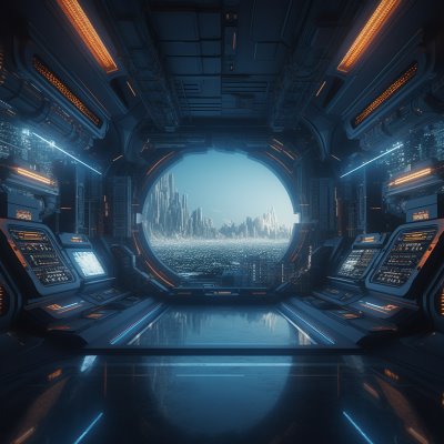 The interior of a starship floating on the ocean with a large circular window looking out at the alien landscape.