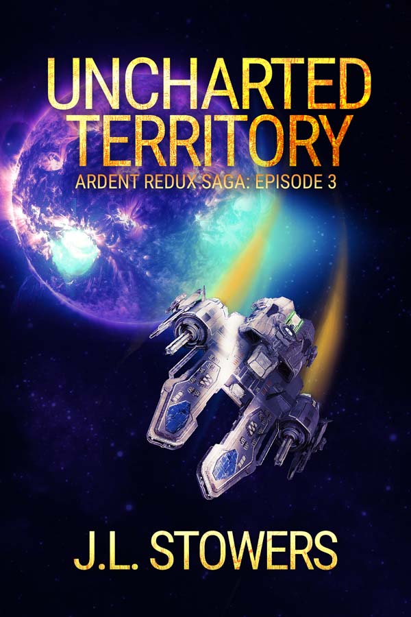 An image of the book cover of Uncharted Territory, an episodic space adventure serial by sci-fi author J. L. Stowers, and episode three in the Ardent Redux Saga. The cover features the starship Osirion captained by Dani Devereaux and her crew as it flies away from a swirling purple alien planet in this exciting space opera. 