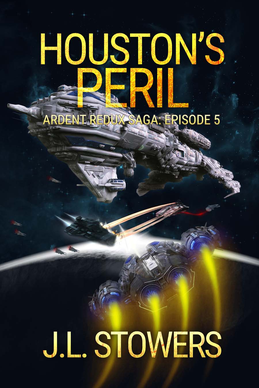 An image of the book cover of Houston’s Peril, an episodic space adventure serial by sci-fi author J. L. Stowers, and episode five in the Ardent Redux Saga. The cover features the starship Osirion flown by Captain Dani Devereaux and her crew as they fly to the rescue of the massive research starship, the Houston in this climactic end to season one of the ARS. 