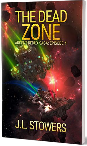 A 3D image of the book cover of The Dead Zone, a space opera serial by science fiction author J. L. Stowers, and episode four in the Ardent Redux Saga. The cover features the starship Osirion piloted by Captain Dani Devereaux and her crew as they pursue an alien ship into the heart of enemy territory in this exciting space opera adventure.