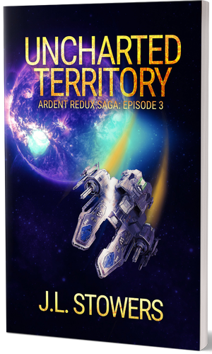 A 3D image of the book cover of Uncharted Territory, a space opera serial by sci-fi author J. L. Stowers, and episode three in the Ardent Redux Saga. The cover features the starship Osirion captained by Dani Devereaux and her crew as it flies away from a swirling purple alien planet in this exciting space opera.