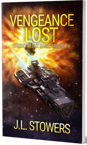 A 3D image of the book cover of Vengeance Lost, a space opera serial by sci-fi author J. L. Stowers and episode one in the Ardent Redux Saga. The cover features a massive starship flying away from a star that is going to supernova and engulf the planets around it. This introduction to the ARS perfectly illustrates the lengths Captain Dani Devereaux will go to in order to protect her crew in this exciting space adventure.