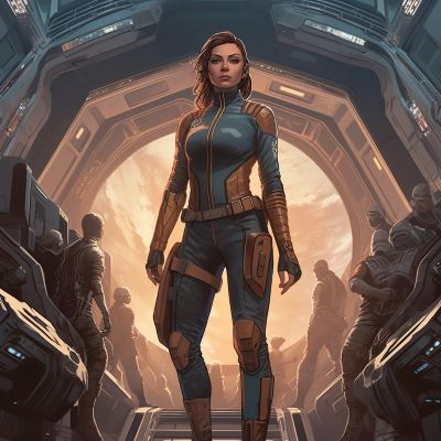 The strong female character of a science fiction story. A woman space captain stands tall and oversees her crew aboard a massive spaceship.