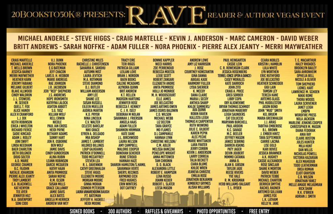 Full list of 300 authors (including Science Fiction Author J. L. Stowers) attending the RAVE - Readers Authors Vegas Event - 20Booksto50K Self-Publishing conference taking place in Las Vegas, Nevada in 2023.