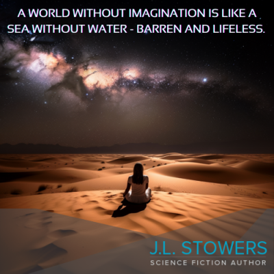 A woman sits alone on a sand dune in an endless desert. She admires the distant galaxy in the night sky as it lights up the dunes around her. The image is symbolic of how imagination and a thirst for knowledge and experience beyond Earth's atmosphere drives the imagination of science fiction author J. L. Stowers, as shown in her modern science fiction books that often take place in distant galaxies.