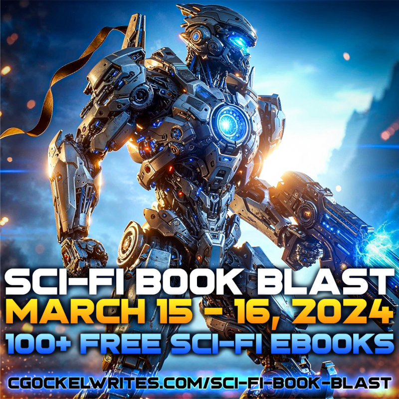 A futuristic cyborg holds a futuristic weapon in front of a blue background, signaling the sci-fi book blast taking place March 15th and 16th in 2024.